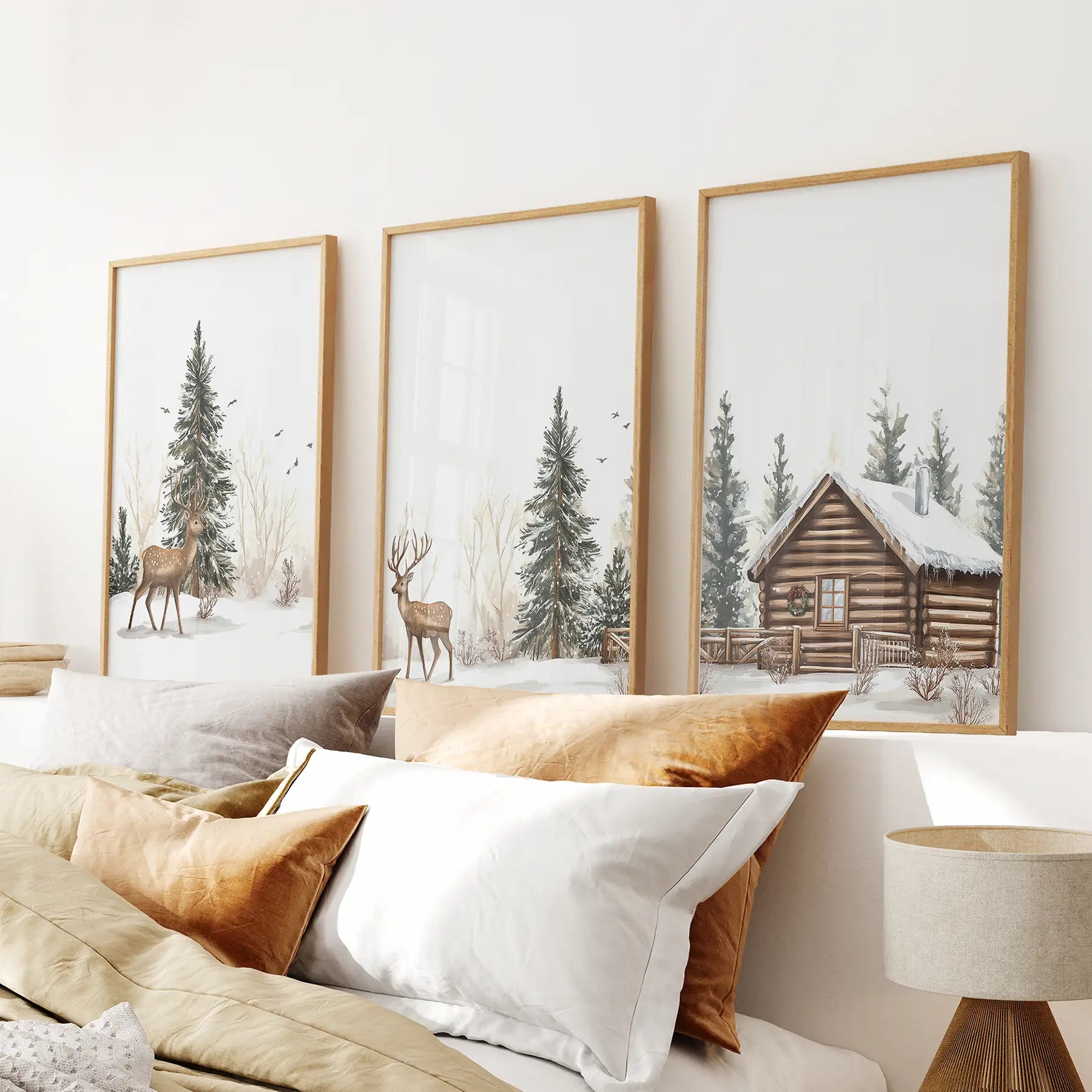 Set of 3 deer and cabin winter Nordic wall art prints