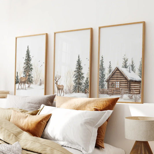 Set of 3 deer and cabin winter Nordic wall art prints