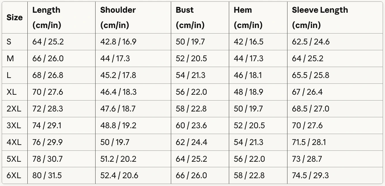Table displaying garment measurements by size with columns for length, shoulder, bust, hem, and sleeve length.