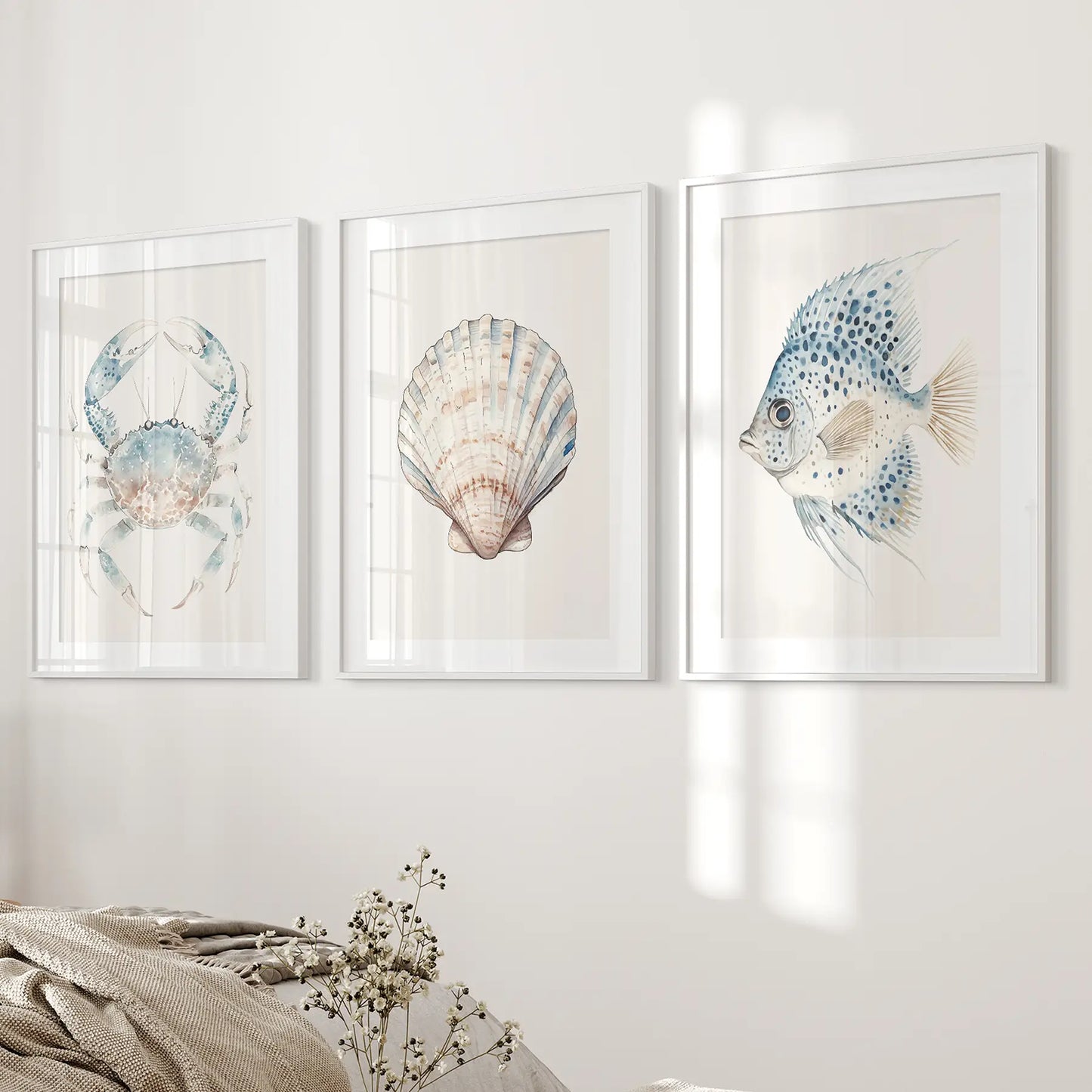 Watercolor Nautical Wall Art Set Crab Shell Fish