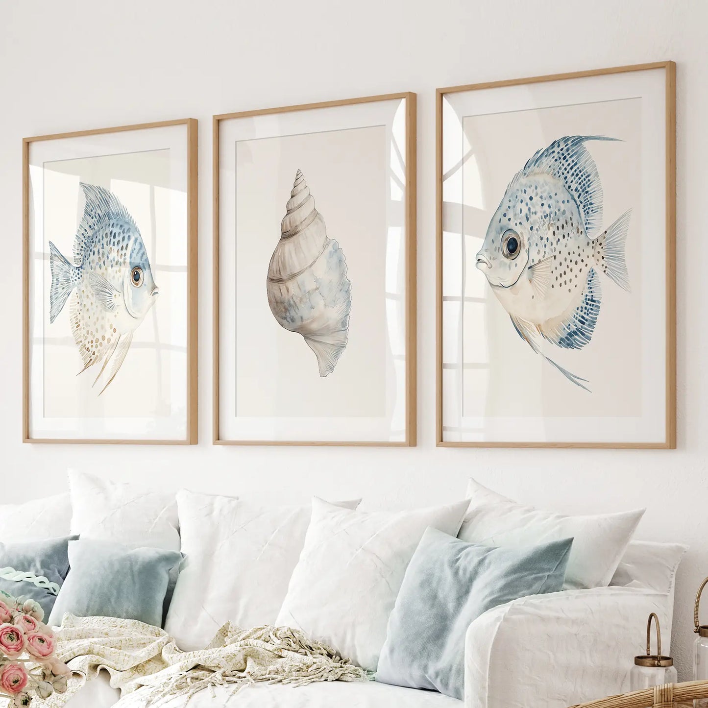 Trendy Nautical Seashell and Fish Wall Art Set of 3