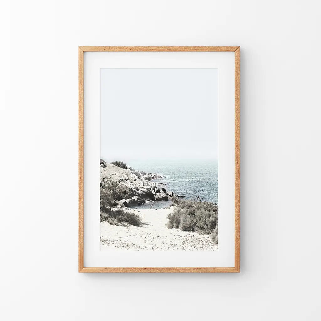 Sea rocks and waves blue beige coastal wall art print