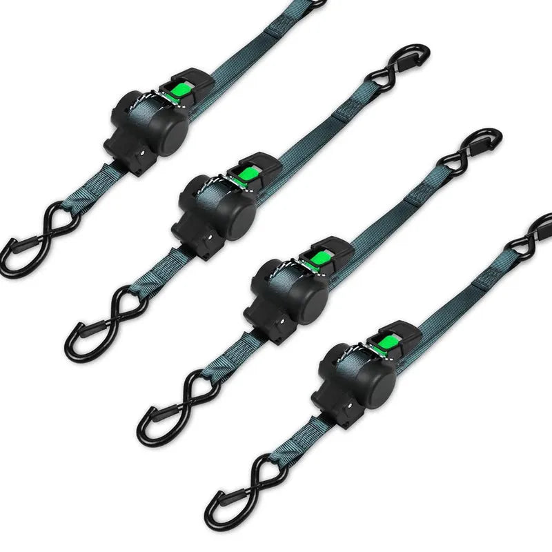 Self retracting ratchet strap with automatic rewind mechanism, black housing, green release button, metal hooks