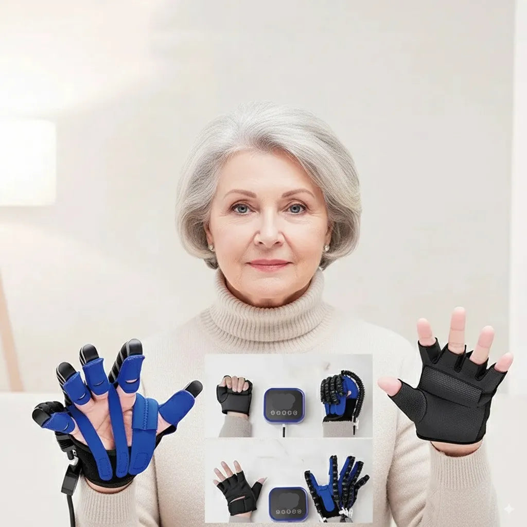 Senior using hand rehab glove to practice opening and closing fingers