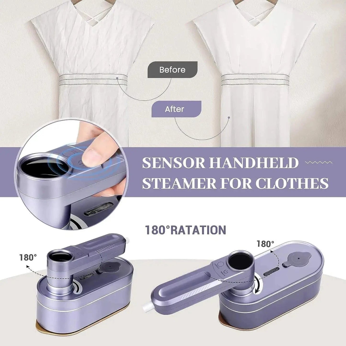 Sensor handheld steamer for clothes with before and after effect on a white shirt.