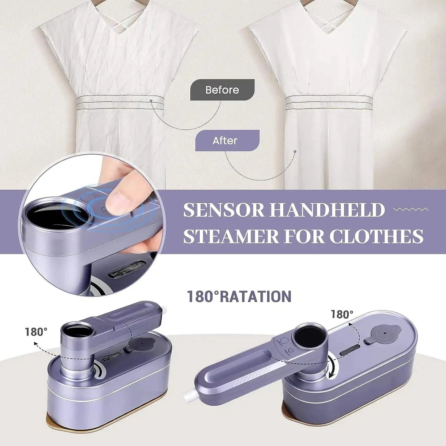 Sensor handheld steamer for clothes with before and after effect on a white shirt.