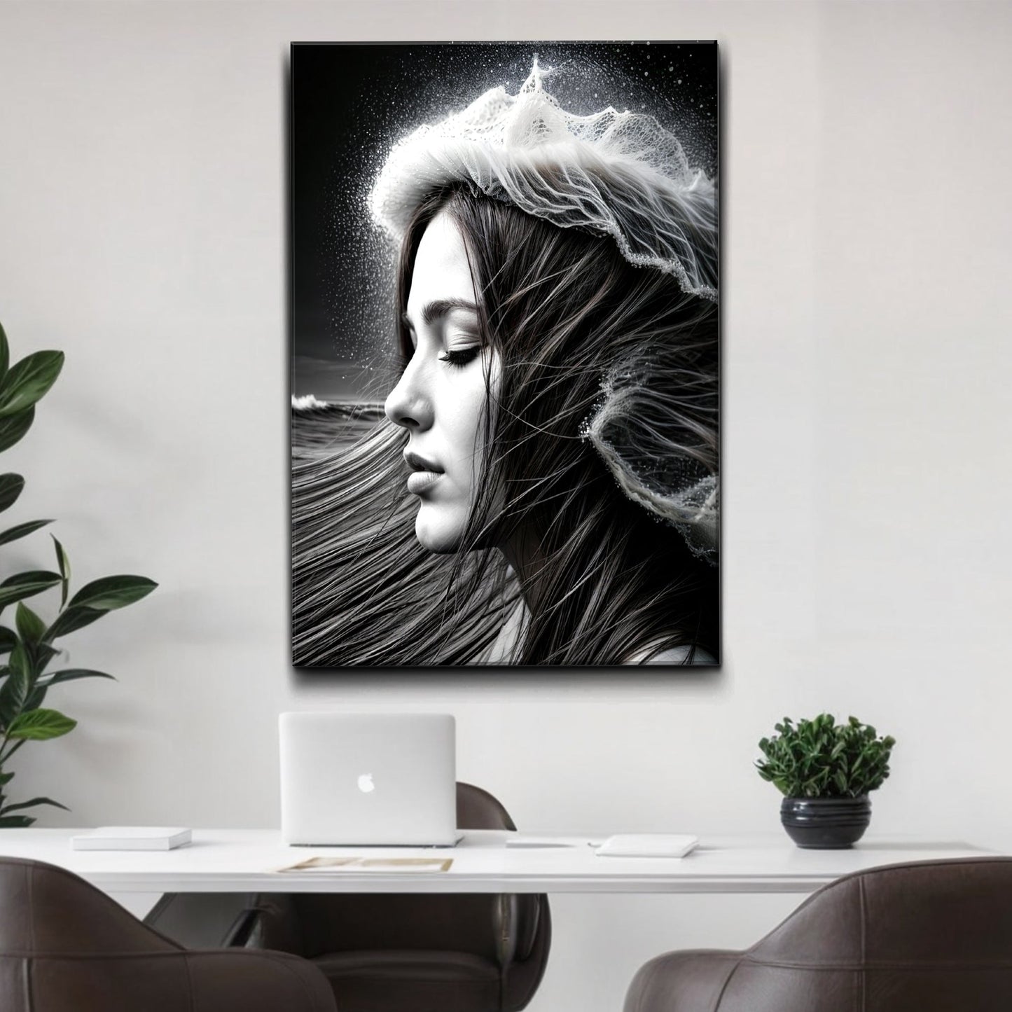 Serene woman monochrome canvas wall art with flowing lines and ethereal peaceful female figure
