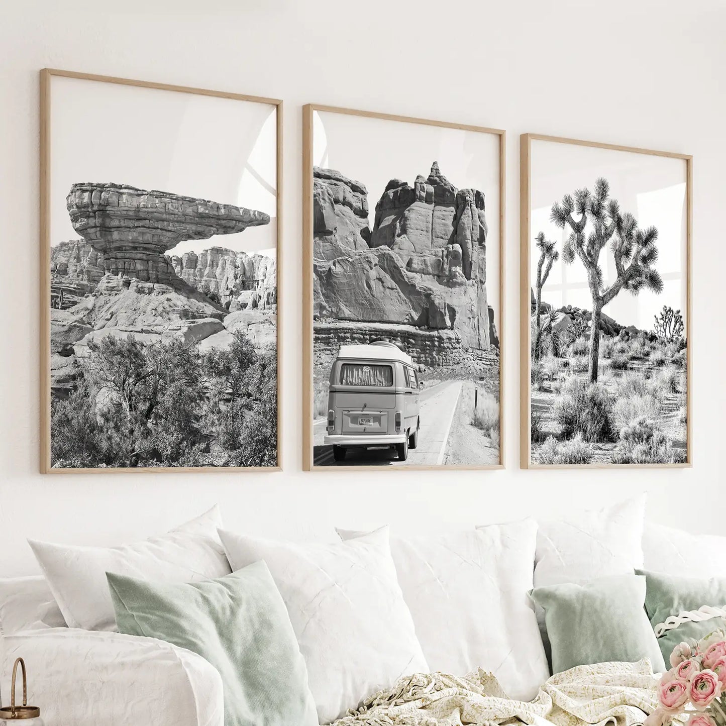Set of 3 black and white desert wall art prints with cliff van and tree