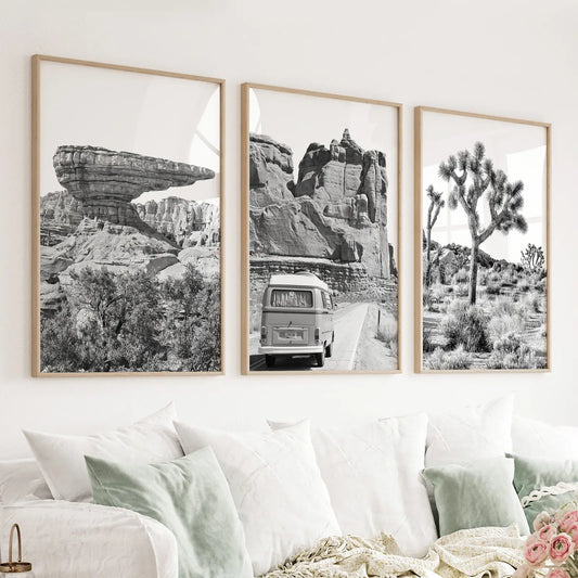 Set of 3 black and white desert wall art prints with cliff van and tree