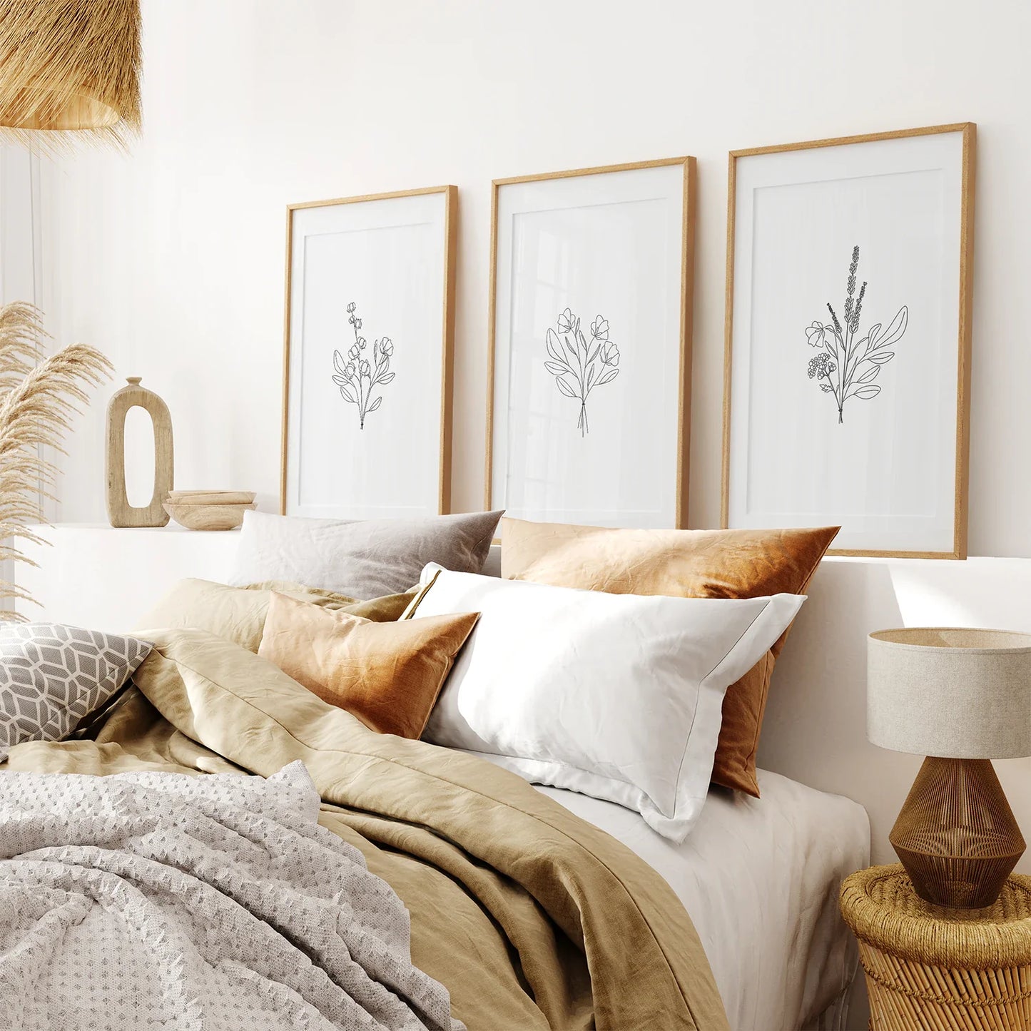 Flower Line Art Set of 3 Prints - Botanical Wall Decor