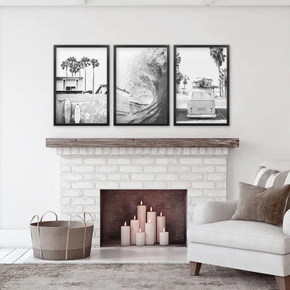 Black and White Surf Wall Art Set, 3 Piece Coastal Prints