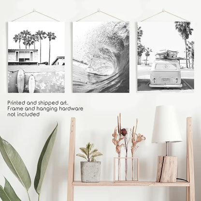 Black and White Surf Wall Art Set, 3 Piece Coastal Prints