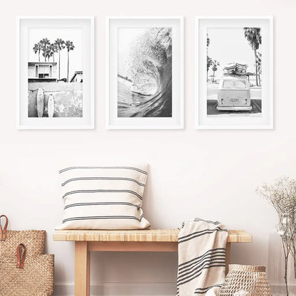 Black and White Surf Wall Art Set, 3 Piece Coastal Prints