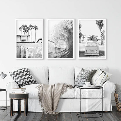Black and White Surf Wall Art Set, 3 Piece Coastal Prints