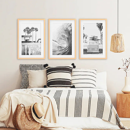 Black and White Surf Wall Art Set, 3 Piece Coastal Prints