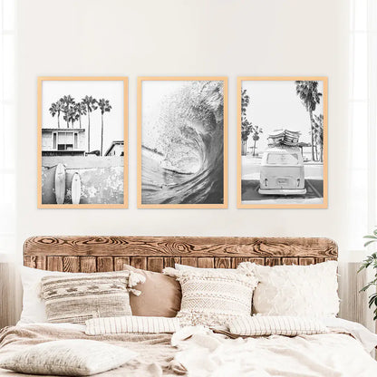 Black and White Surf Wall Art Set, 3 Piece Coastal Prints