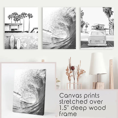 Black and White Surf Wall Art Set, 3 Piece Coastal Prints