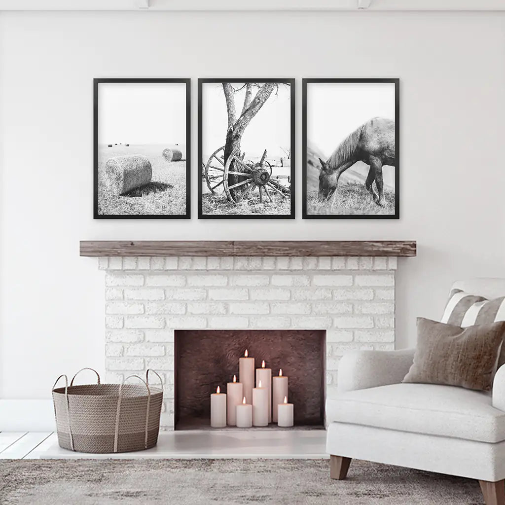 Black White Farmhouse Wall Art Set of 3. Horse, Hay Bales