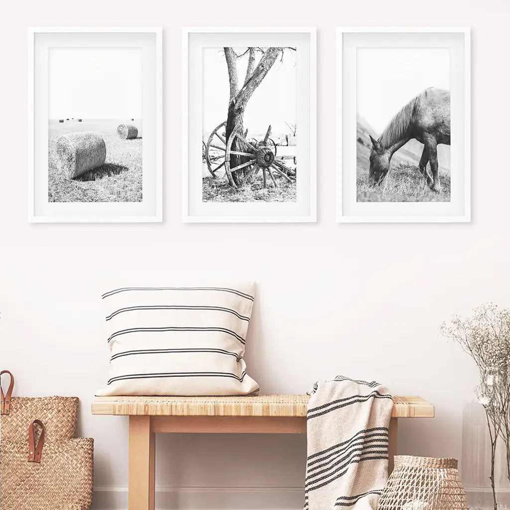 Black White Farmhouse Wall Art Set of 3. Horse, Hay Bales