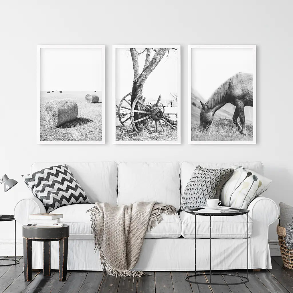 Black White Farmhouse Wall Art Set of 3. Horse, Hay Bales