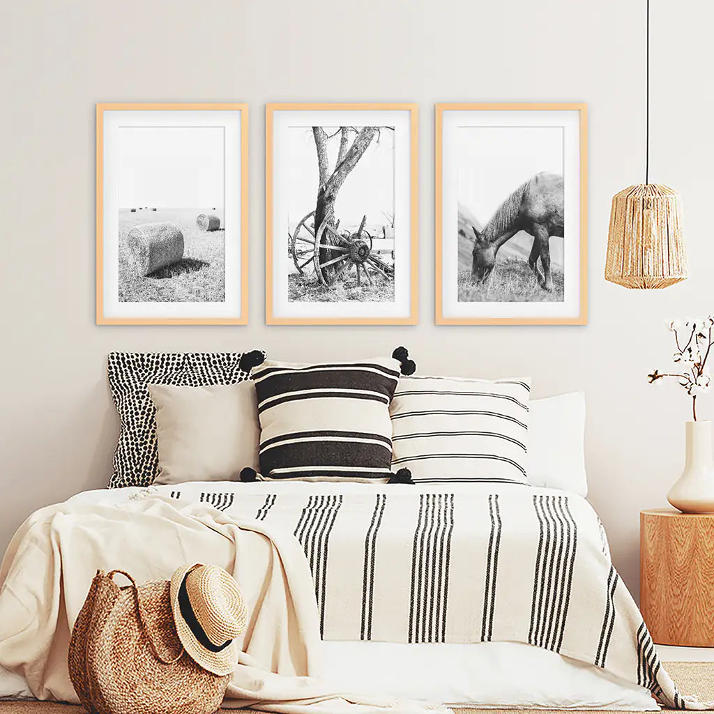 Black White Farmhouse Wall Art Set of 3. Horse, Hay Bales