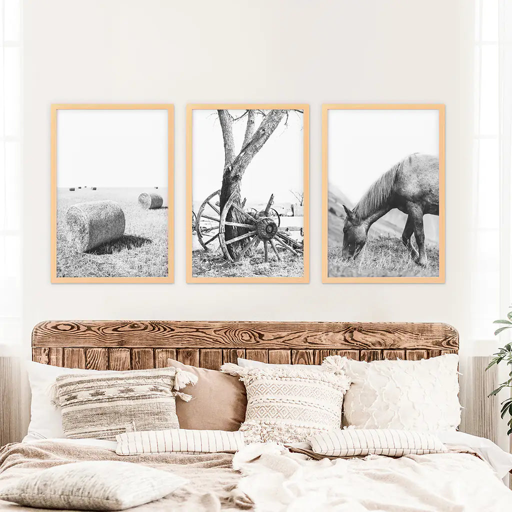 Black White Farmhouse Wall Art Set of 3. Horse, Hay Bales