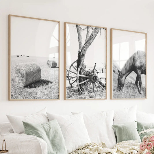 Set of 3 black and white farmhouse prints with a horse and hay bales