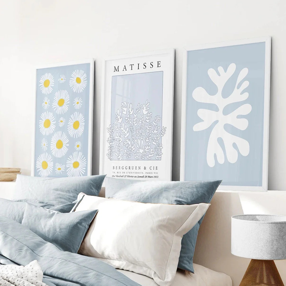 Blue abstract leaf and cut-out wall art set of 3 prints