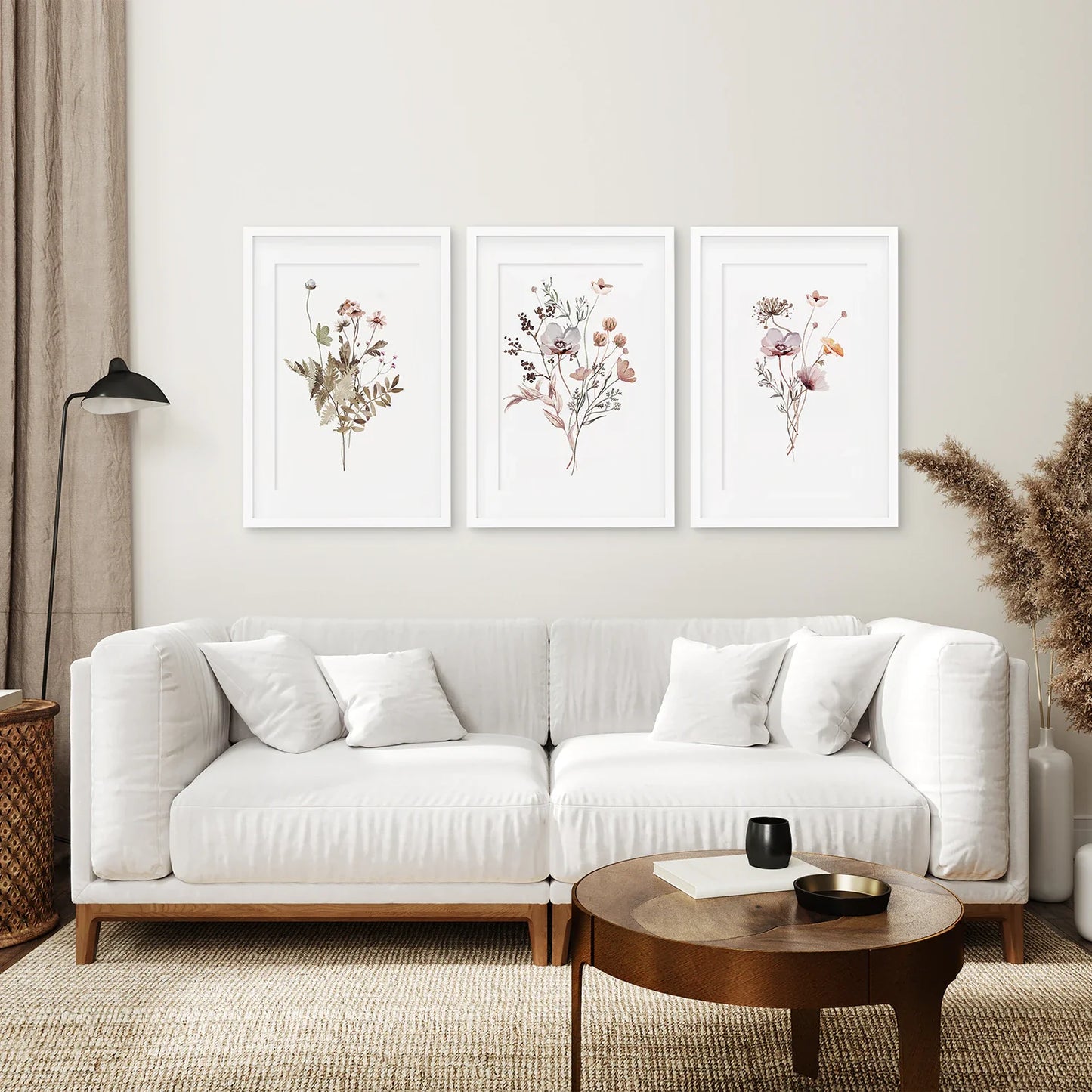Beige Purple Wildflower Wall Art Set of 3, Boho Floral