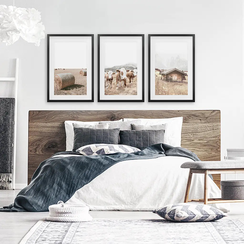 Rustic Farm Wall Art Set of 3. Barn, Cows, Hay Bales