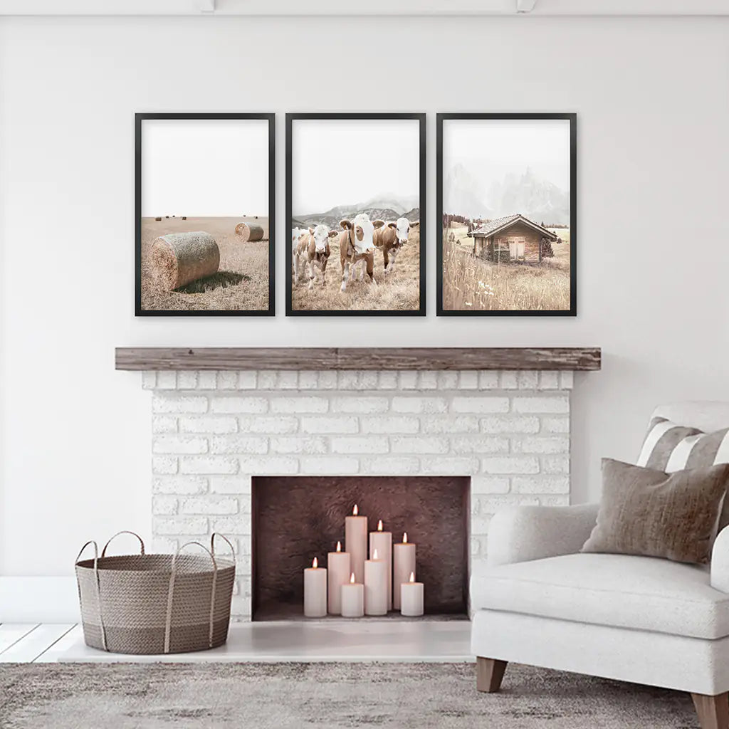 Rustic Farm Wall Art Set of 3. Barn, Cows, Hay Bales