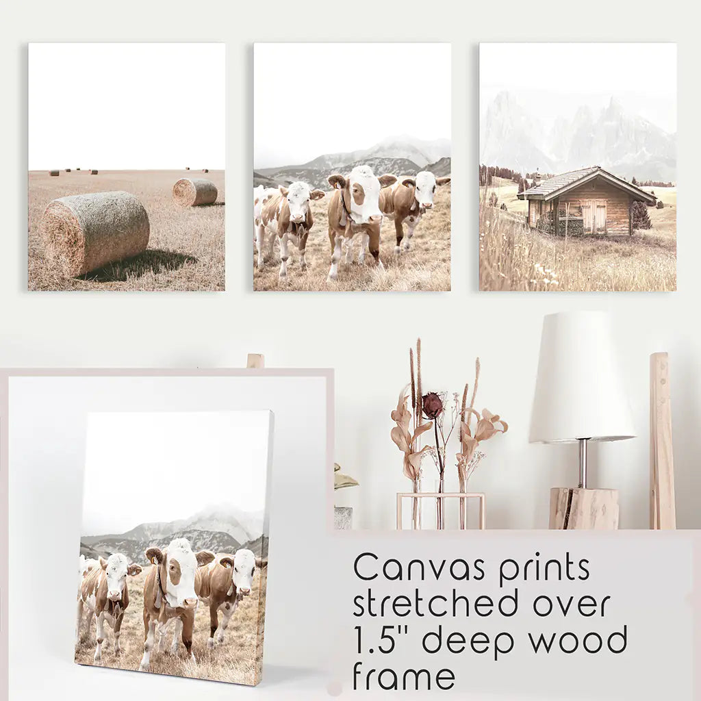 Rustic Farm Wall Art Set of 3. Barn, Cows, Hay Bales