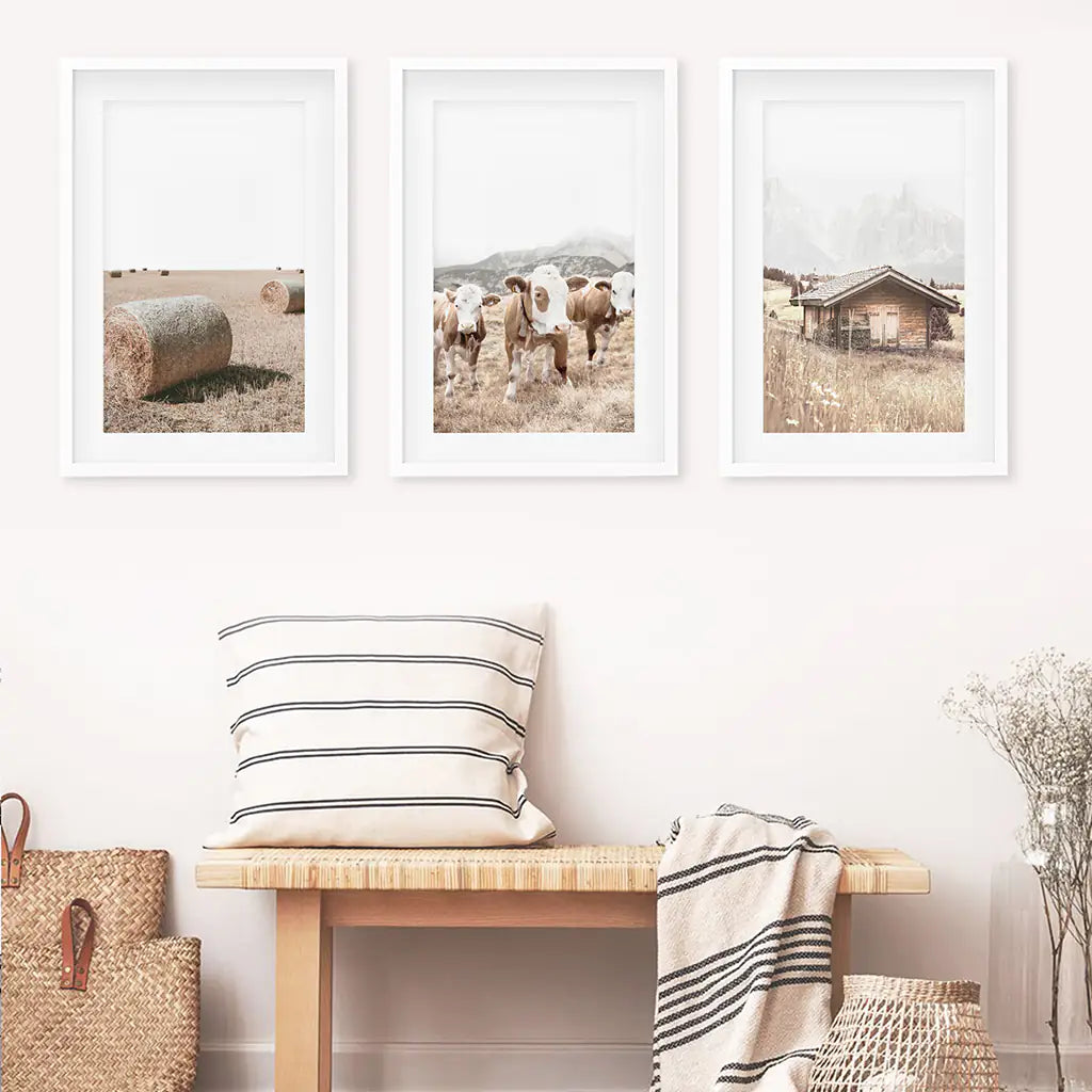 Rustic Farm Wall Art Set of 3. Barn, Cows, Hay Bales