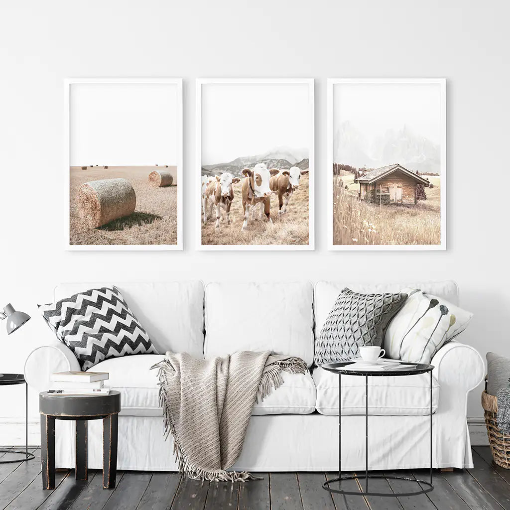 Rustic Farm Wall Art Set of 3. Barn, Cows, Hay Bales