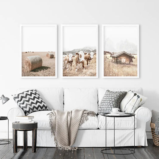 Rustic Farm Wall Art Set of 3. Barn, Cows, Hay Bales