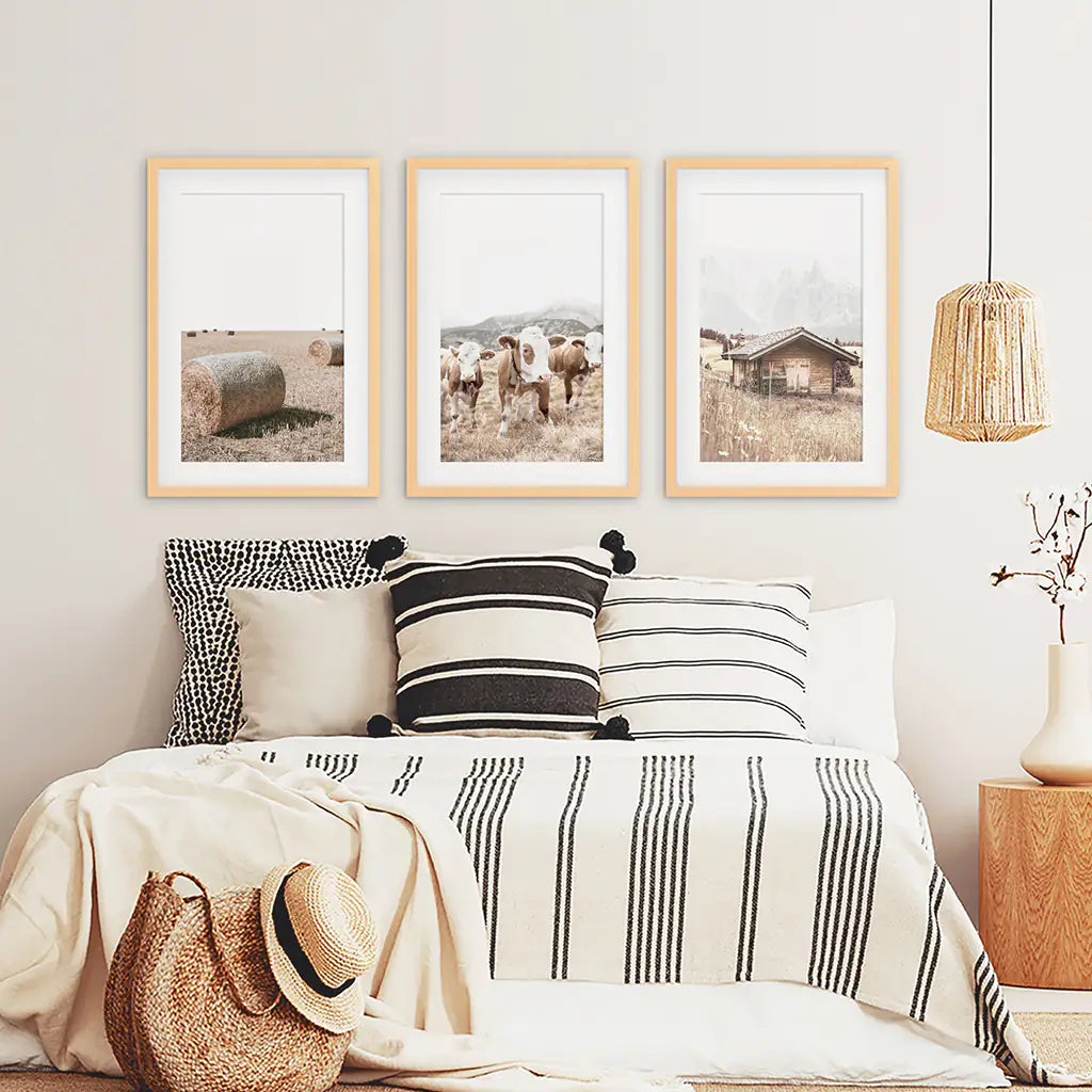 Rustic Farm Wall Art Set of 3. Barn, Cows, Hay Bales