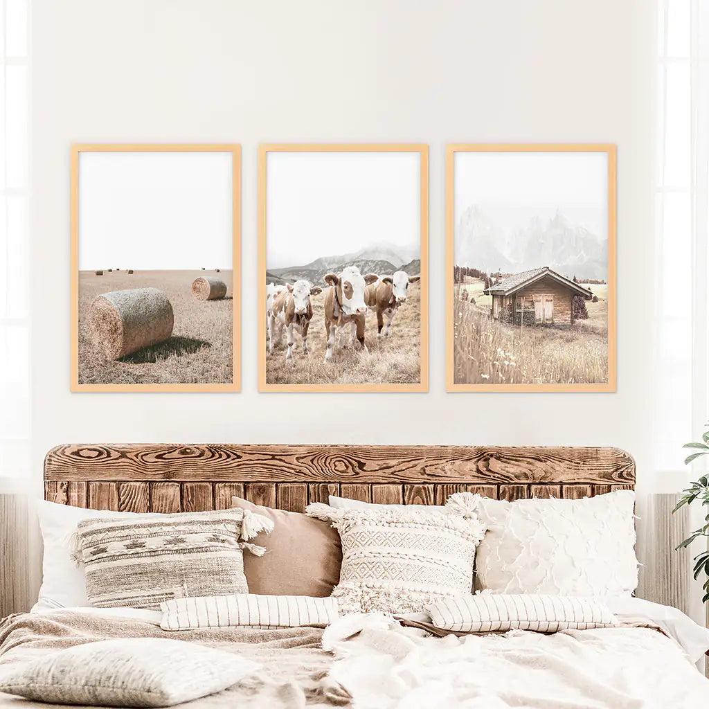Rustic Farm Wall Art Set of 3. Barn, Cows, Hay Bales