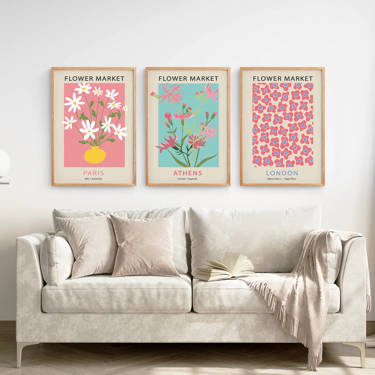 Flower Market Wall Art Set of 3, Pink and Blue Floral Prints