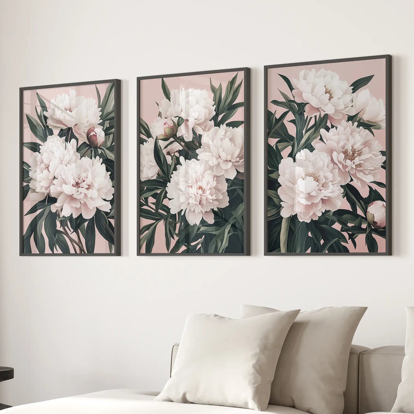 Peonies Flowers Wall Art Set of 3 Pink Green Prints