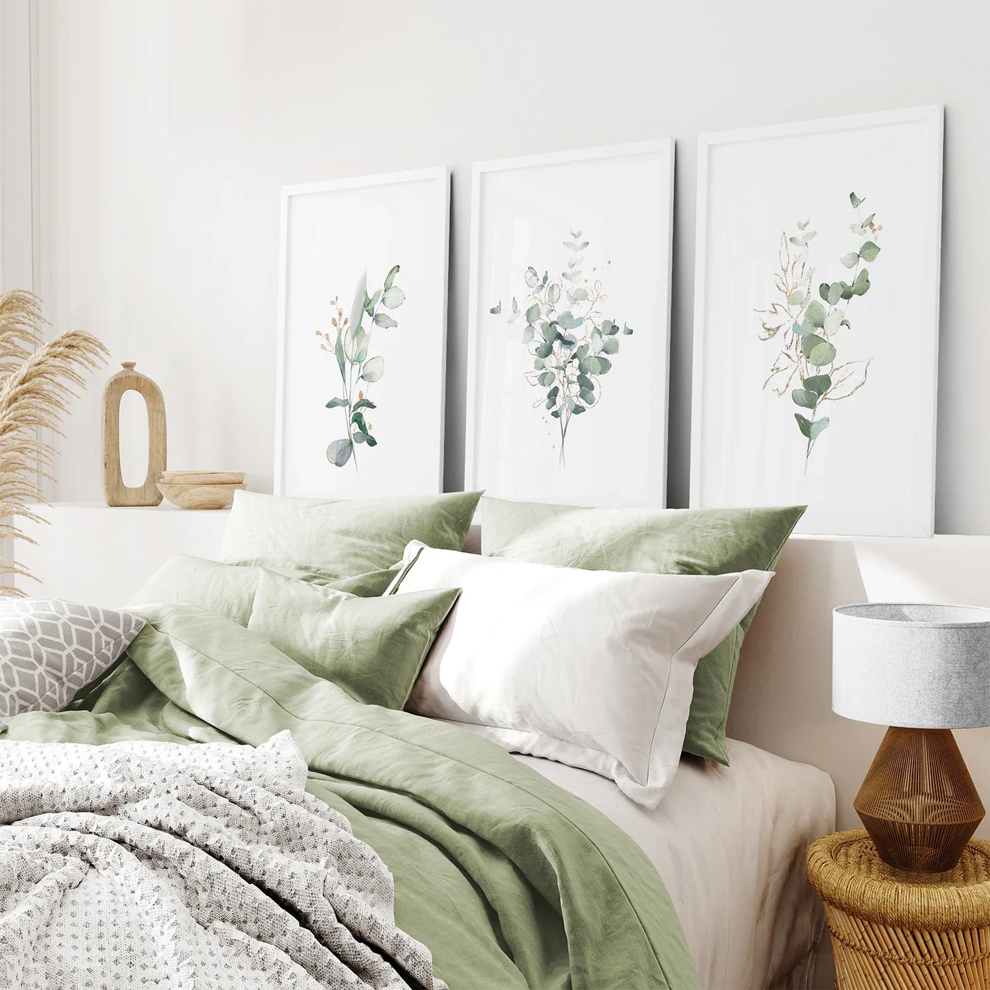 Gold Green Eucalyptus Wall Art Set of 3, Botanical Prints