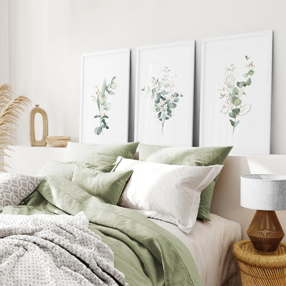 Gold Green Eucalyptus Wall Art Set of 3, Botanical Prints
