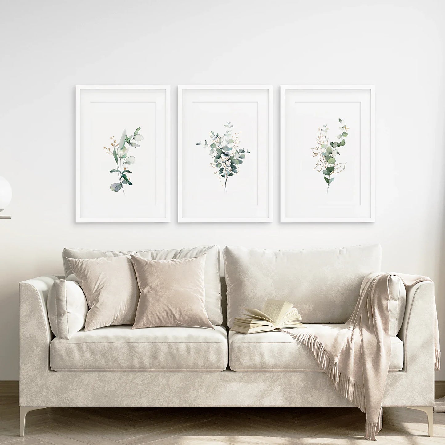 Gold Green Eucalyptus Wall Art Set of 3, Botanical Prints