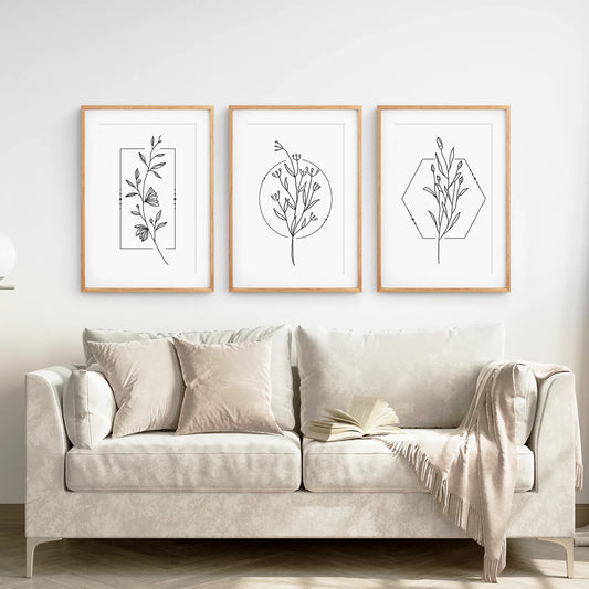 Minimal Flower Line Art Set of 3, Black White Floral