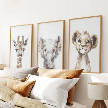 Watercolor jungle nursery wall art set of 3 with baby giraffe, elephant, and lion cub