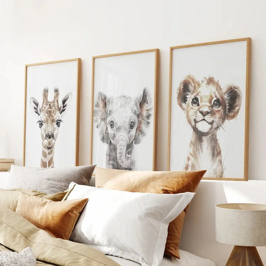 Watercolor jungle nursery wall art set of 3 with baby giraffe, elephant, and lion cub