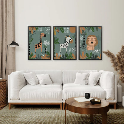 Safari Nursery Wall Art Set of 3 - Giraffe, Zebra, Lion