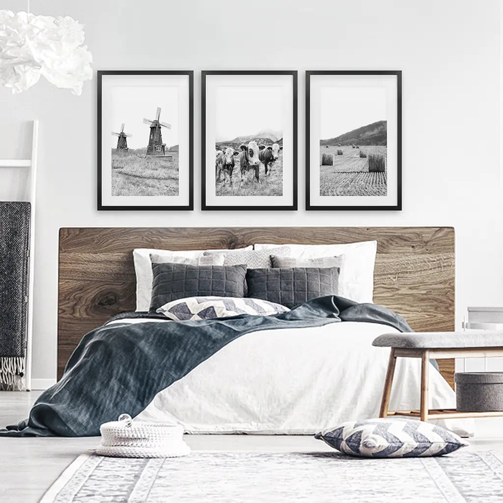 Black White Farmhouse Wall Art Set of 3. Windmill, Cows