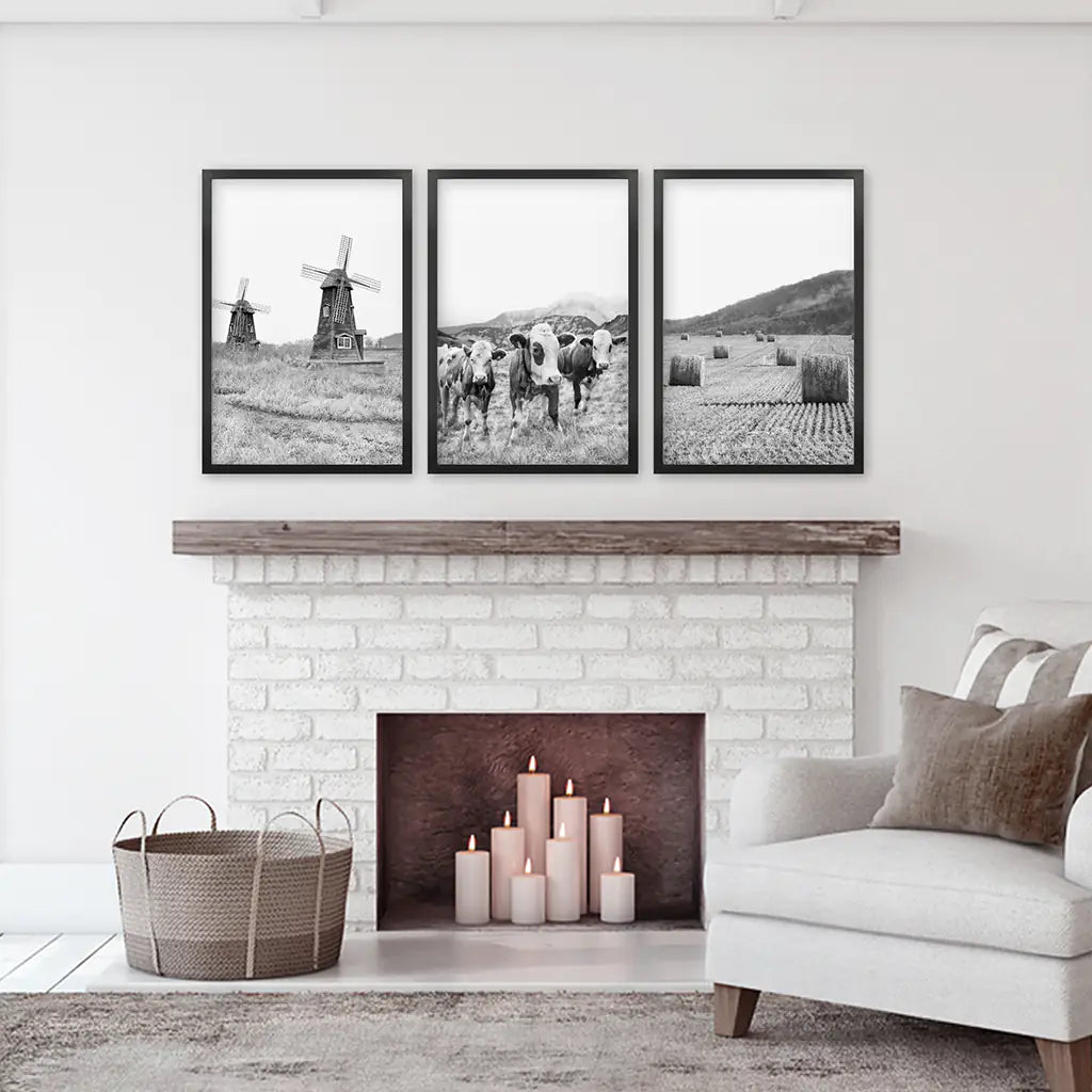 Black White Farmhouse Wall Art Set of 3. Windmill, Cows