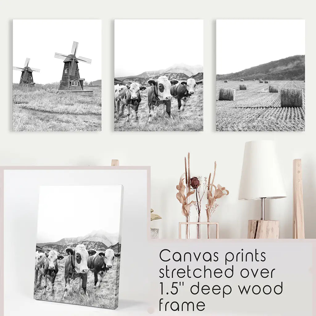 Black White Farmhouse Wall Art Set of 3. Windmill, Cows