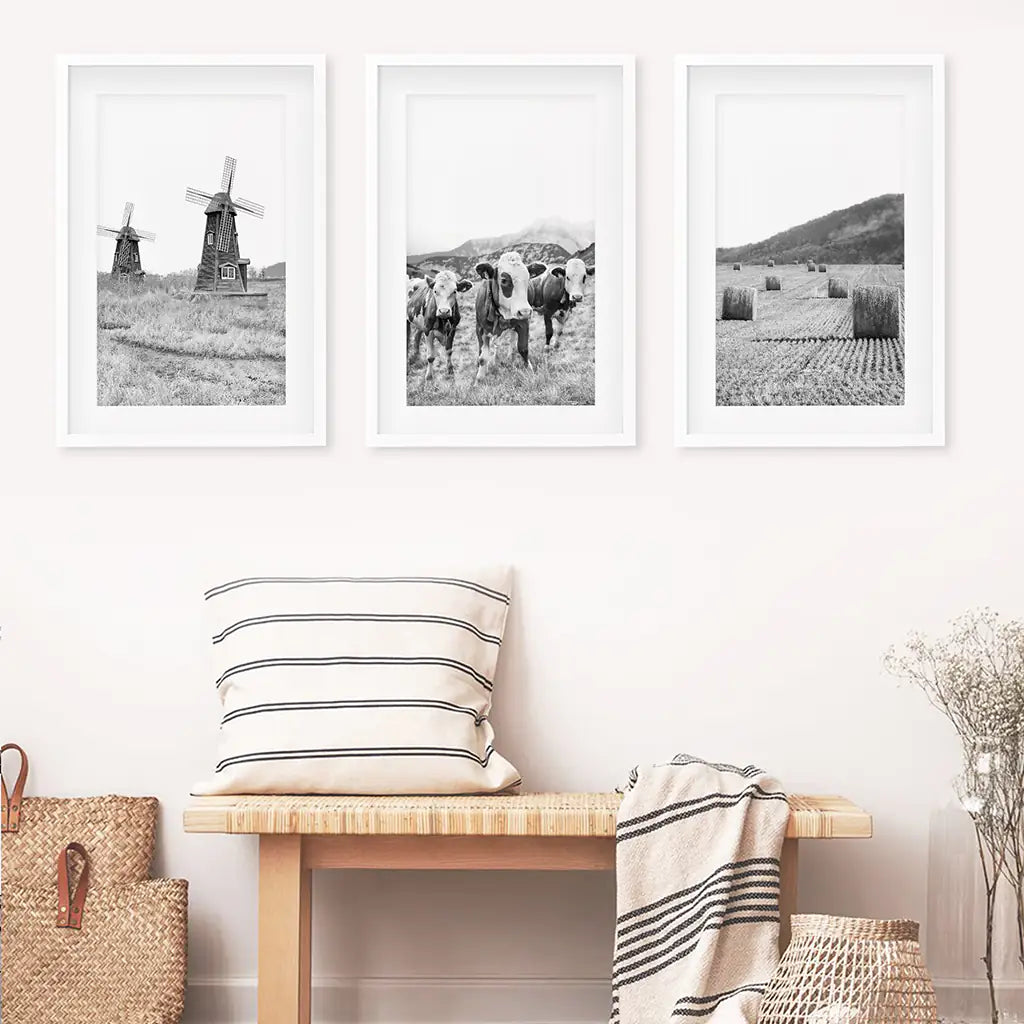 Black White Farmhouse Wall Art Set of 3. Windmill, Cows